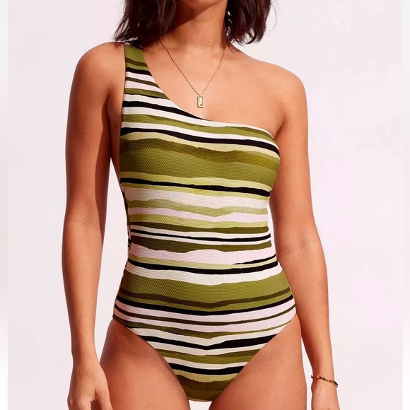 Seafolly Sun Stripe Green One Shoulder One-Piece Swimsuit - Picture 5 of 16